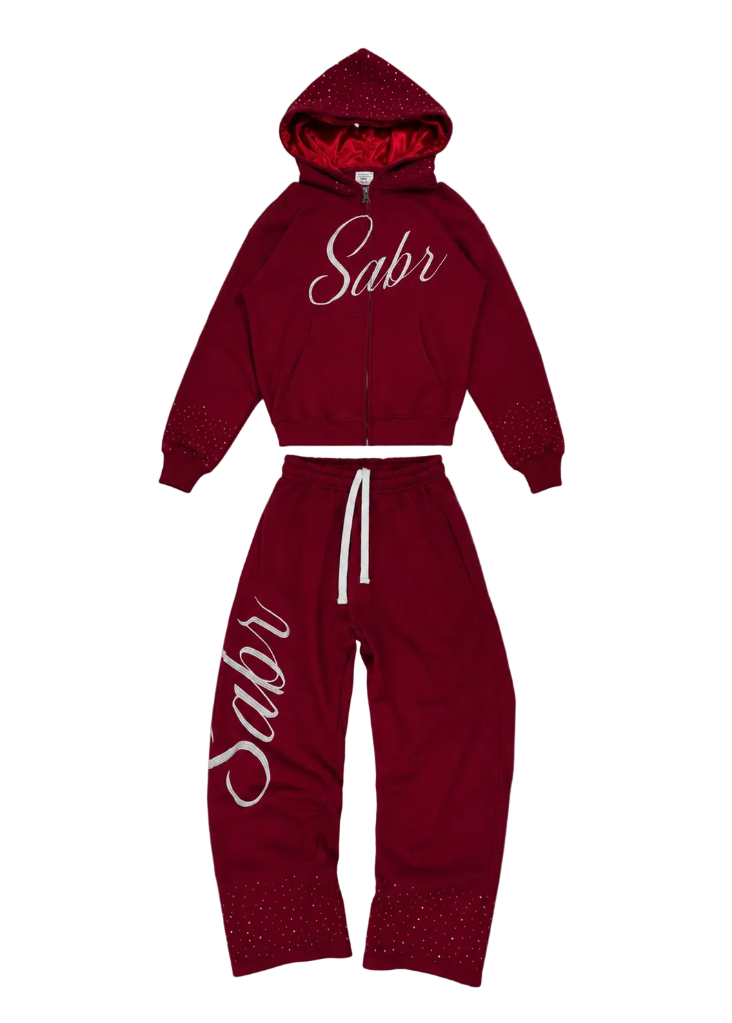 "DARK RED" Double Satin Hood, Rhinestone Tracksuit
