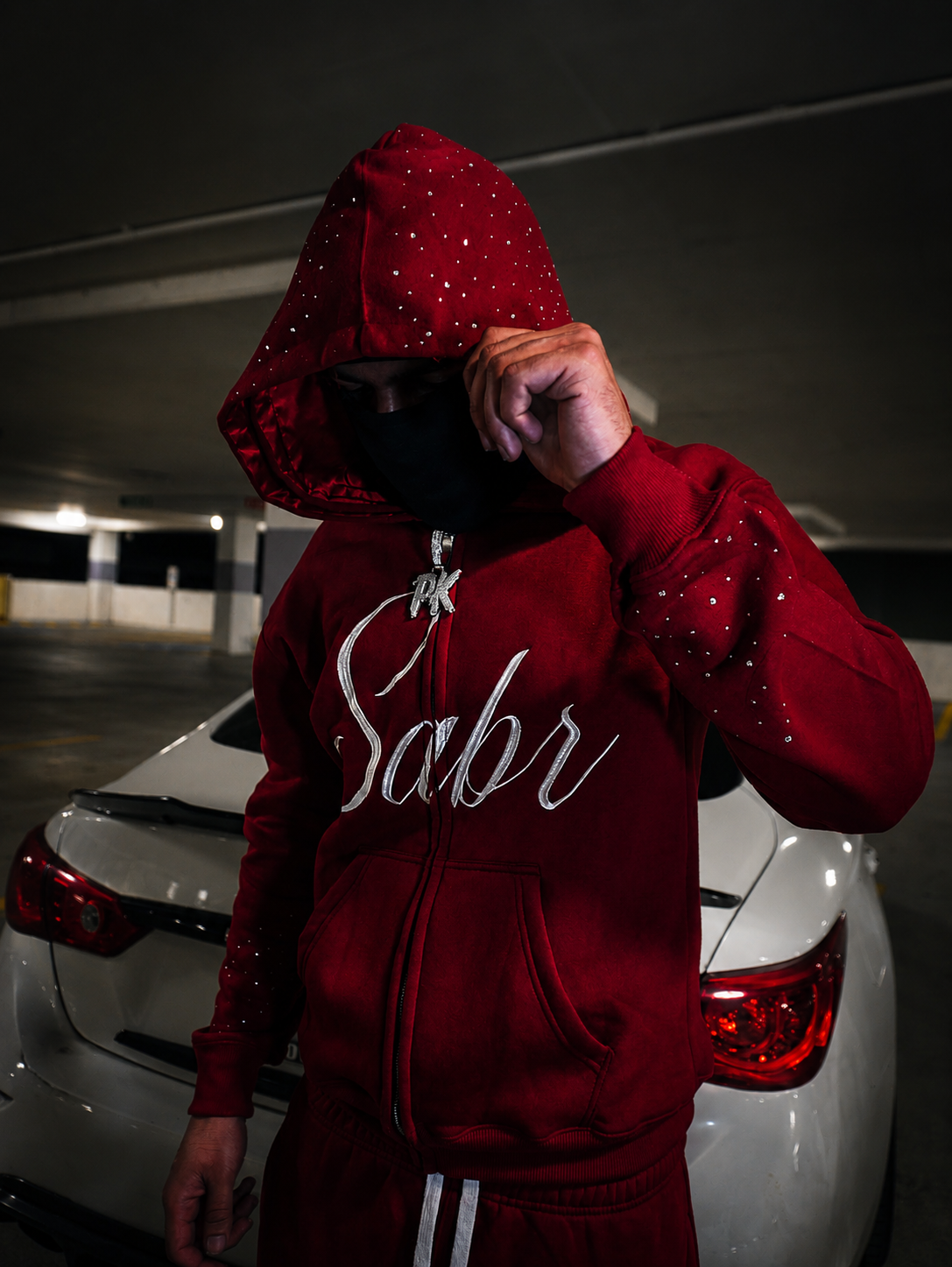 "DARK RED" Double Satin Hood, Rhinestone Tracksuit